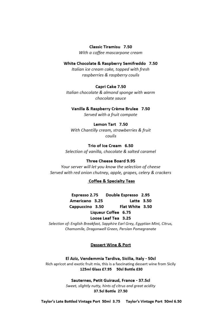 Menu - The Coast - Tarporley