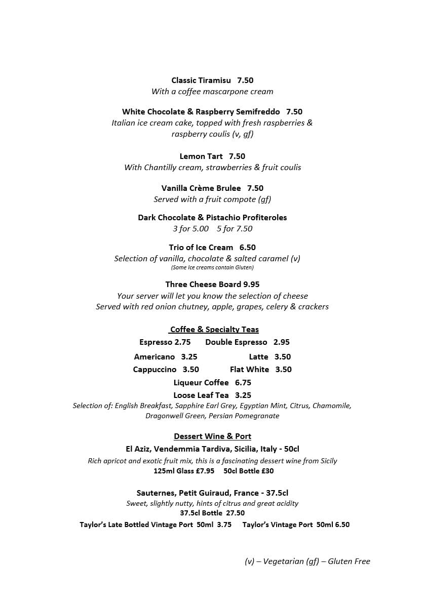 Menu - The Coast - Tarporley